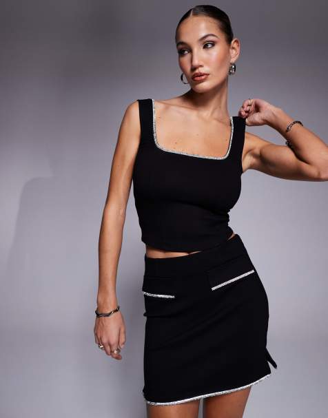 ASOS DESIGN co-ord ponte vest top with diamante trim in black