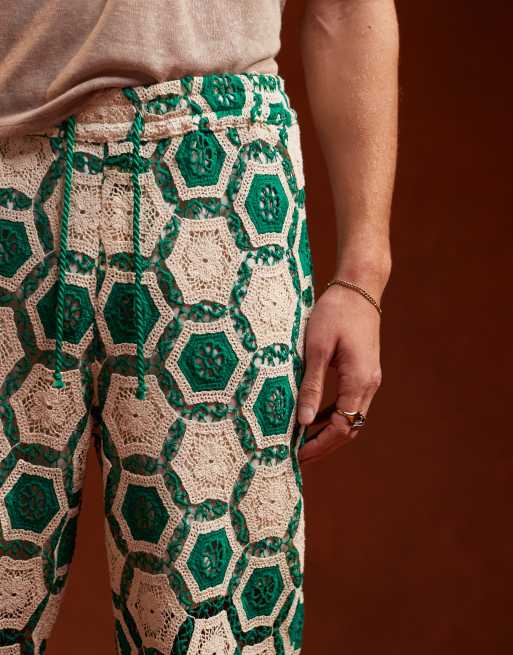 ASOS DESIGN Co-ord Premium lace crochet relaxed trouser with elasticated waist in green, 4 of 5