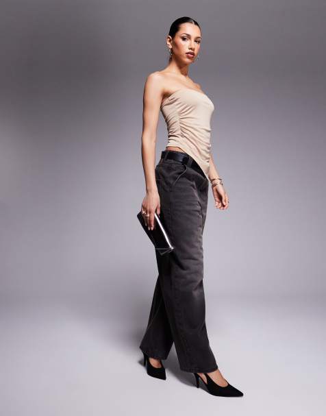 ASOS DESIGN co-ord premium modal bandeau top and wide leg trousers in stone - view 1