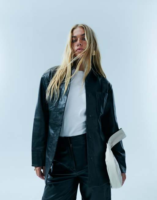ASOS DESIGN co-ord premium real leather fitted jacket in black, 2 of 5