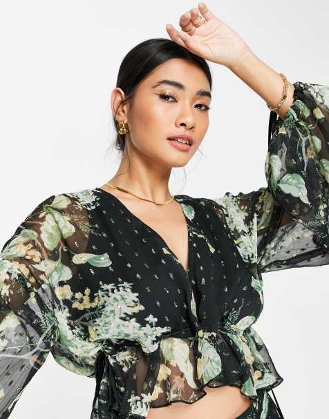 ASOS DESIGN co-ord printed blouson sleeve top with tie channel waist in textured chiffon - view 1