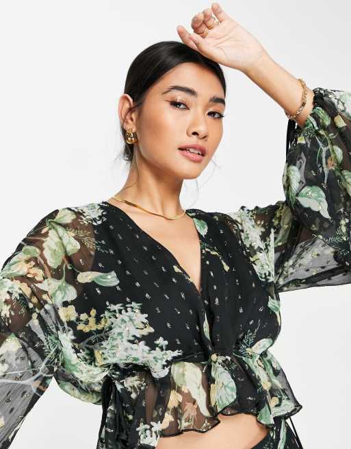 ASOS DESIGN set printed blouson sleeve top with tie channel waist in textured, 2 of 3