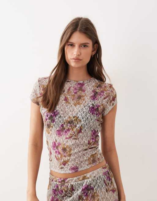 ASOS DESIGN co-ord printed lace baby tee in antique floral print, 3 of 4
