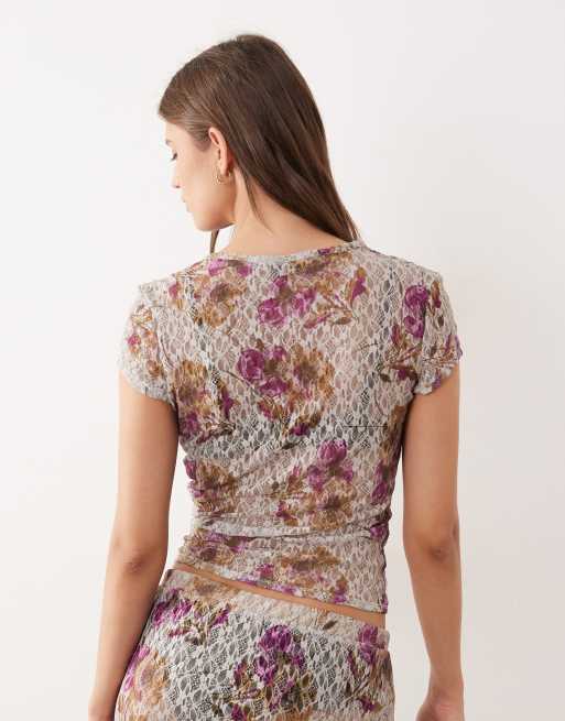 ASOS DESIGN co-ord printed lace baby tee in antique floral print, 4 of 4
