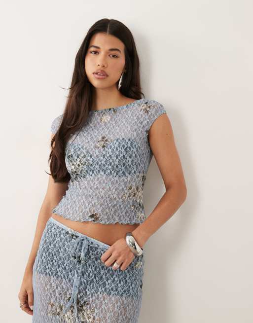 ASOS DESIGN co-ord printed lace cap sleeve open back top in blue, 3 of 4