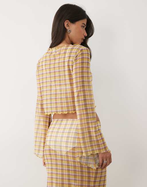 ASOS DESIGN co-ord printed mesh angel sleeve button through top in check, 3 of 4