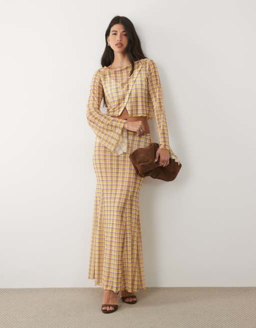 ASOS DESIGN co-ord printed mesh angel sleeve button through top in check, 4 of 4
