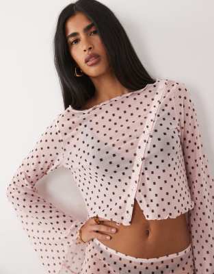 Asos Design Co-ord Printed Mesh Angel Sleeve Button Through Top In Pink