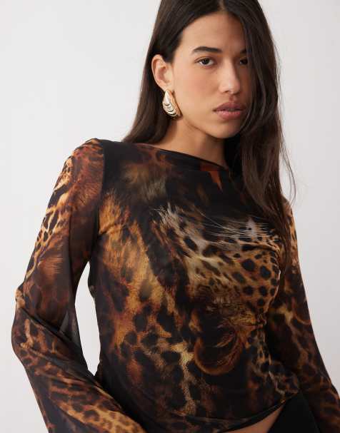 ASOS DESIGN co-ord printed mesh angel sleeve top in tiger - view 1