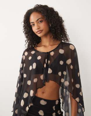 ASOS DESIGN co-ord printed mesh caped tie front top in mono spot print
