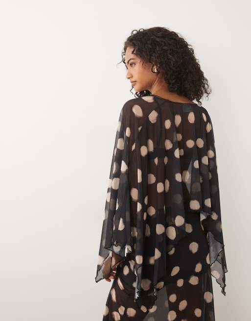 ASOS DESIGN co-ord printed mesh caped tie front top in mono spot print, 4 of 4