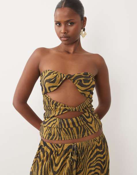 ASOS DESIGN co-ord printed mesh cut out twist bandeau top in zebra - view 1