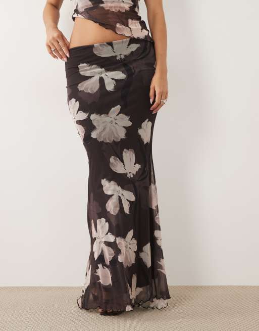 ASOS DESIGN co-ord printed mesh drape maxi skirt in brown floral, 2 of 5