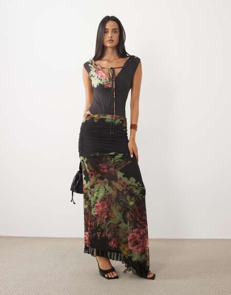 ASOS DESIGN co-ord printed mesh in black floral - view 1