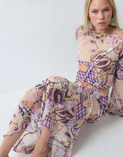 ASOS DESIGN co-ord printed mesh maxi skirt in fruit print, 2 of 5