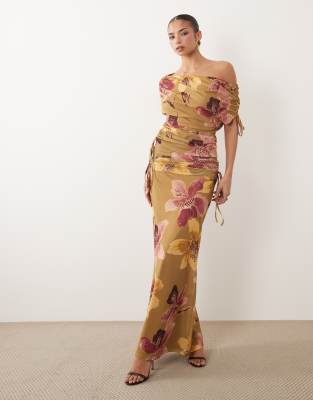 ASOS DESIGN co-ord printed mesh ruched maxi skirt in pink check print