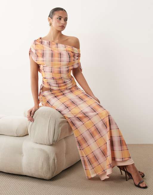 ASOS DESIGN co-ord printed mesh ruched shoulder cinched waist top in pink check, 3 of 4