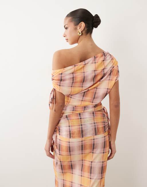 ASOS DESIGN co-ord printed mesh ruched shoulder cinched waist top in pink check, 4 of 4