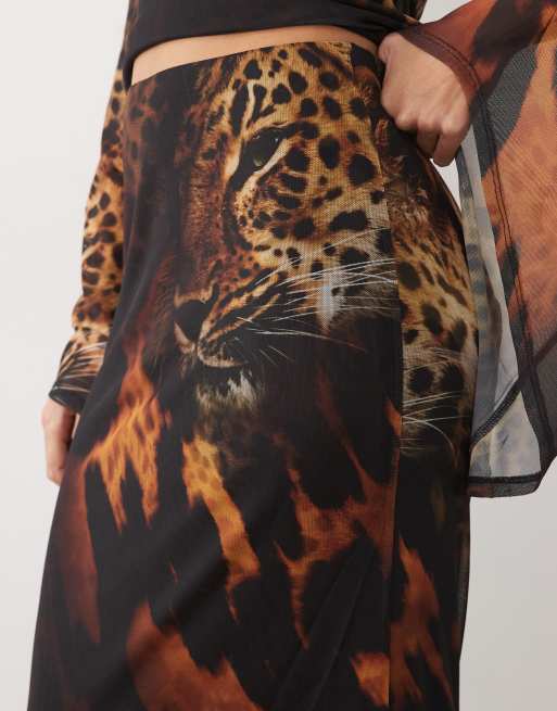 ASOS DESIGN co-ord printed mesh skirt in tiger, 2 of 5