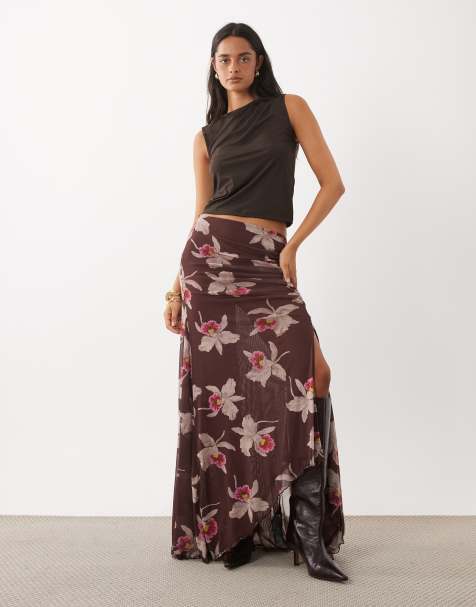 ASOS DESIGN co-ord printed mesh split hank hem maxi skirt in brown floral - view 1