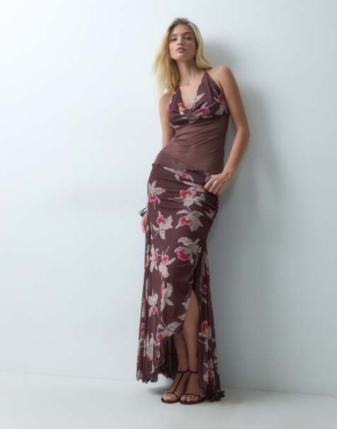 ASOS DESIGN co-ord printed mesh split hank hem maxi skirt in brown floral
