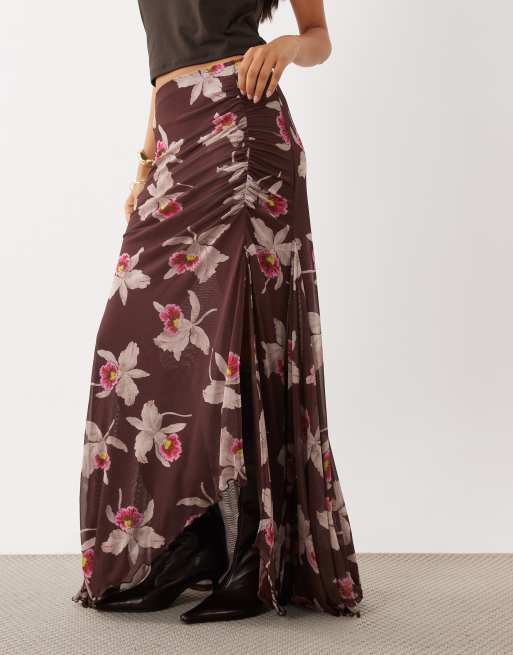 ASOS DESIGN co-ord printed mesh split hank hem maxi skirt in brown floral, 2 of 5