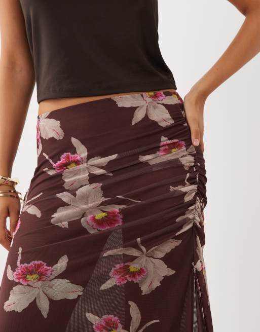 ASOS DESIGN co-ord printed mesh split hank hem maxi skirt in brown floral, 5 of 5