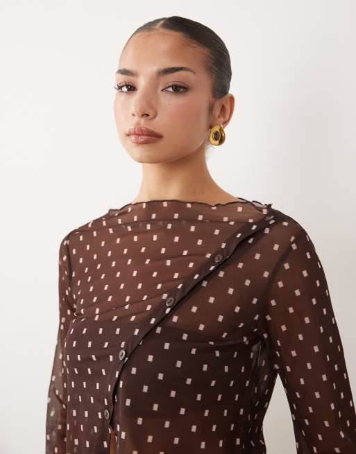 ASOS DESIGN co-ord printed mesh top in brown geometric spot, 2 of 4
