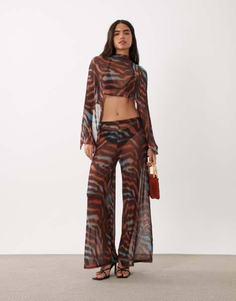 ASOS DESIGN co-ord printed mesh trouser in brown animal print - view 1