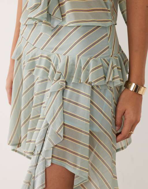ASOS DESIGN co-ord printed stretch chiffon asymmetrical ruffle mini skirt in stripe print, 5 of 5