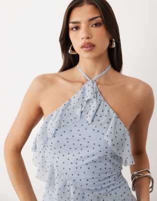 Asos Design Co-ord Printed Stretch Chiffon Ruffle Top In Blue