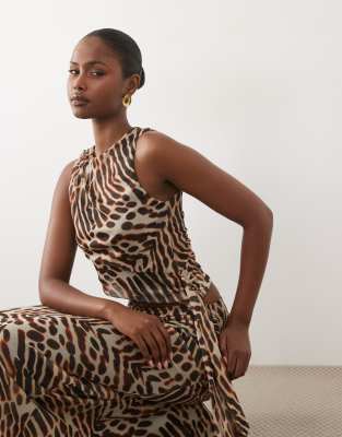 Asos Design Co-ord Printed Stretch Chiffon Slash Neck Top With Sash In Brown