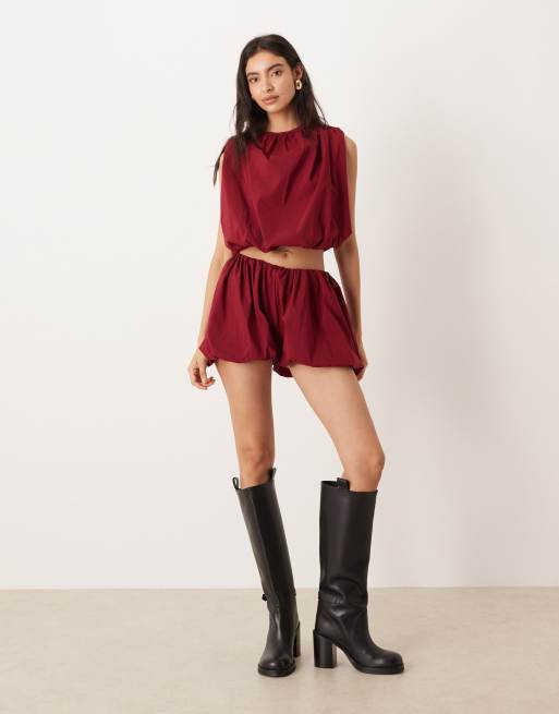 ASOS DESIGN co-ord puffball high neck top and short in burgandy