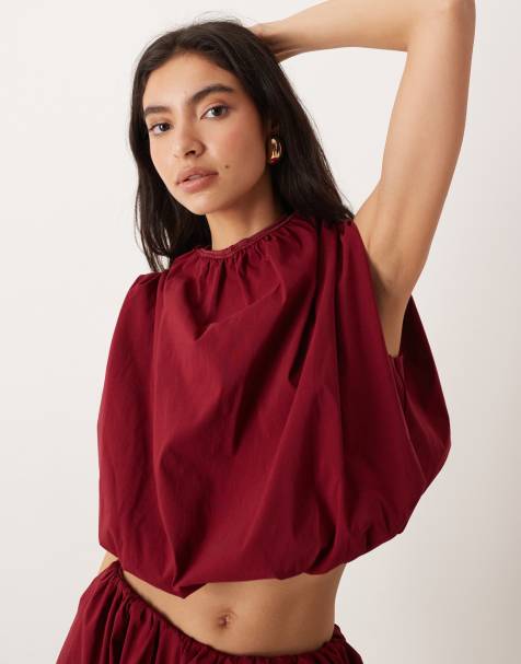 ASOS DESIGN co-ord puffball high neck top in burgundy - view 1