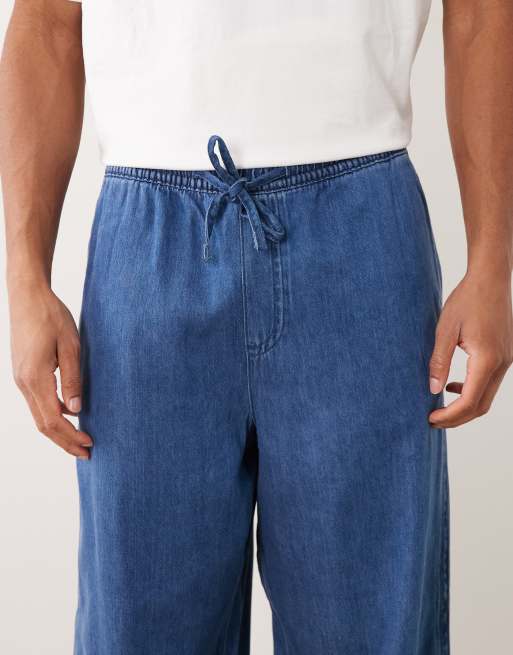 ASOS DESIGN co-ord pull on loose linen blend jeans in mid wash blue, 4 of 5