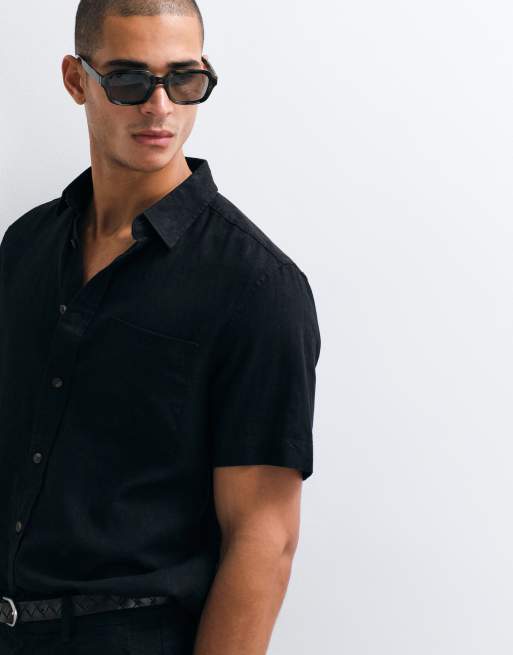 ASOS DESIGN co-ord regular fit linen blend shirt in black, 4 of 5