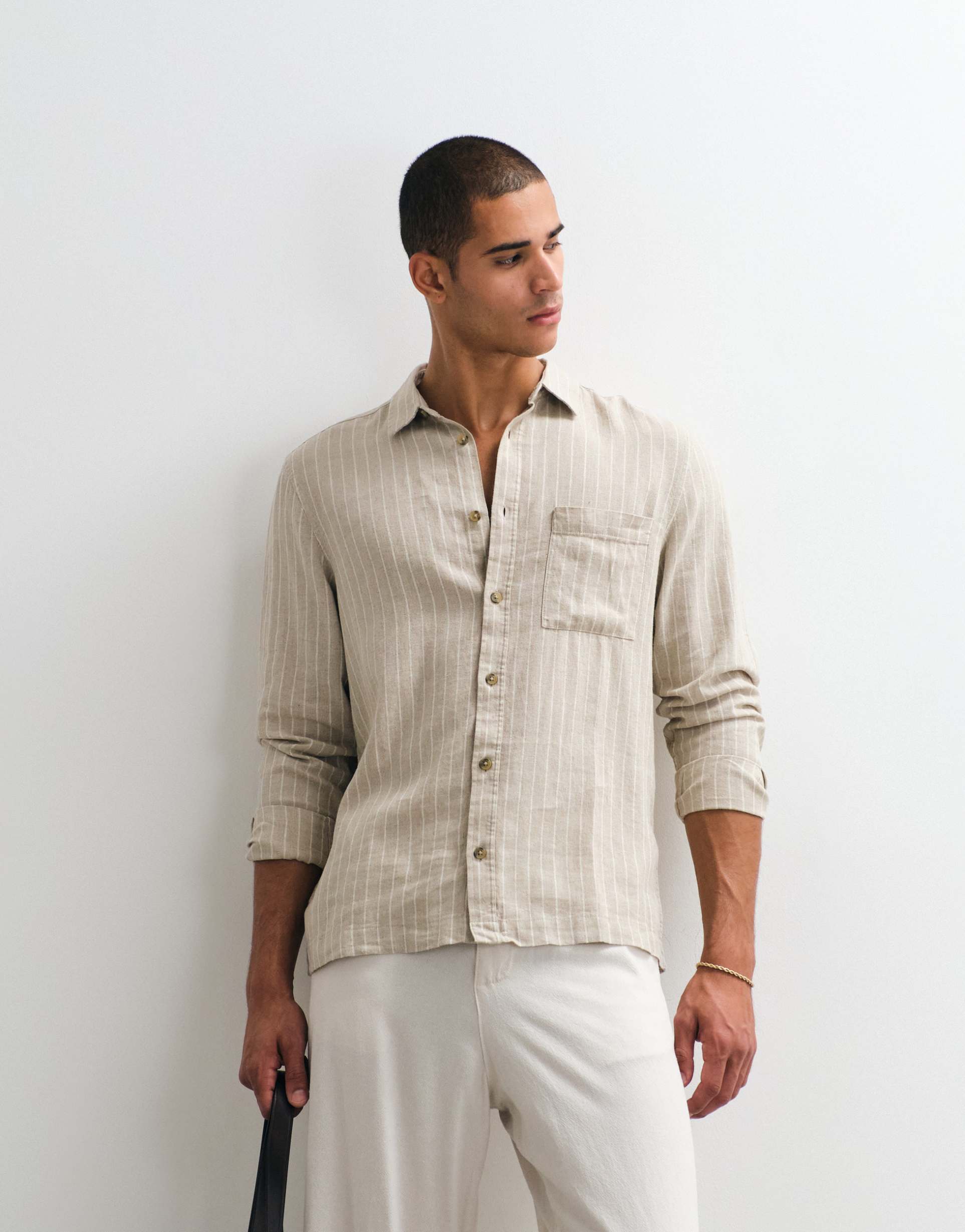 ASOS DESIGN co-ord regular fit linen blend stripe shirt in beige