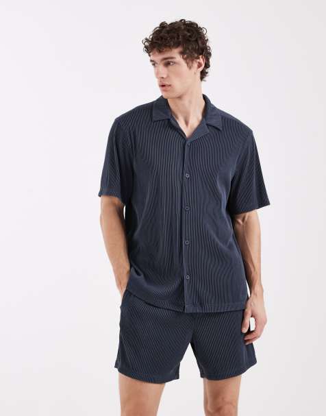 ASOS DESIGN co-ord regular fit revere plisse shirt in blue - view 1