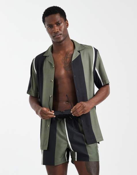 ASOS DESIGN co-ord regular fit revere stripe shirt in black and khaki - view 1