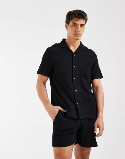ASOS DESIGN co-ord regular fit revere waffle shirt in black - view 1