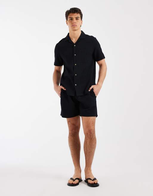 ASOS DESIGN co-ord regular fit revere waffle shirt in black, 2 of 5