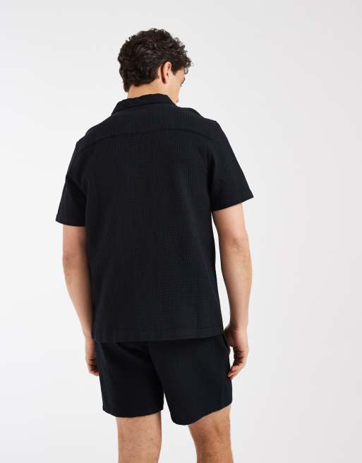 ASOS DESIGN co-ord regular fit revere waffle shirt in black, 4 of 5