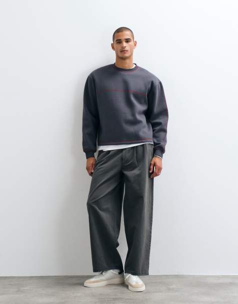 ASOS DESIGN co-ord relaxed boxy crew sweatshirt and jogger with contrast cover stitch in charcoal - view 1