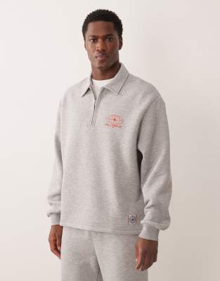 Asos Design Co-ord Relaxed Fit Quarter Zip Polo Sweatshirt With Woven Label In Gray