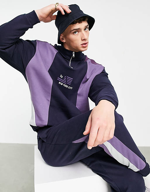 ASOS DESIGN co-ord relaxed half zip sweatshirt with diagonal purple ...