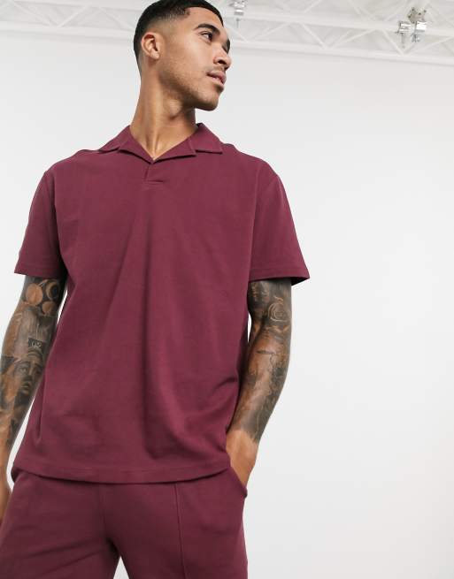 ASOS DESIGN co-ord relaxed pique revere polo inburgundy | ASOS