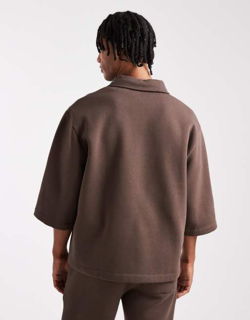 ASOS DESIGN co-ord relaxed polo short sleeve sweatshirt in brown, 3 of 5