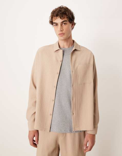 ASOS DESIGN co-ord relaxed revere plisse shirt in beige