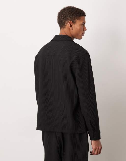 ASOS DESIGN co-ord relaxed revere plisse shirt in black, 3 of 5
