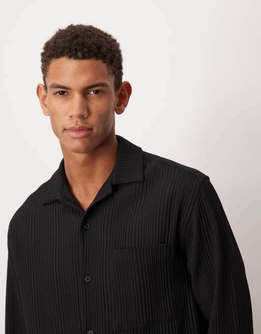 ASOS DESIGN co-ord relaxed revere plisse shirt in black, 5 of 5